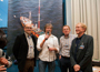 Bert van der Laan met RNI DJ's Leo van der Goot, Hans Hogendoorn en Nico Steenbergen